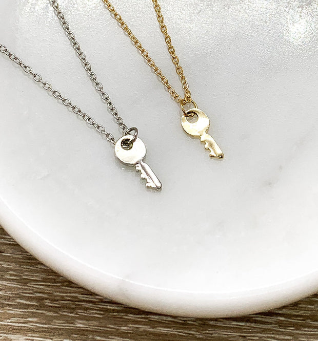 Tiny Key Necklace Silver, Little Key Pendant Gold, Layering Necklace, Confidence is Key, Simple Reminder Jewelry, Gift for Her