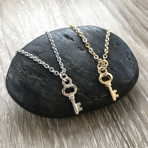 Skeleton Key Necklace, Tiny Key Pendant, Little Key Necklace Gold, Happiness is Key, Simple Reminder Jewelry Gift for Her