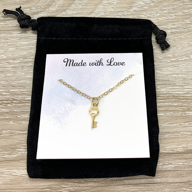 Skeleton Key Necklace, Tiny Key Pendant, Little Key Necklace Gold, Happiness is Key, Simple Reminder Jewelry Gift for Her