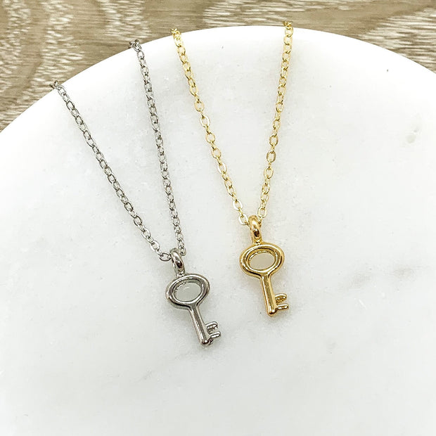 Skeleton Key Necklace, Tiny Key Pendant, Little Key Necklace Gold, Happiness is Key, Simple Reminder Jewelry Gift for Her