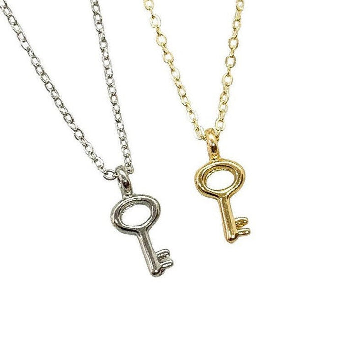 Skeleton Key Necklace, Tiny Key Pendant, Little Key Necklace Gold, Happiness is Key, Simple Reminder Jewelry Gift for Her