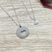 Circle with Heart Necklace Set for 2, Minimalist Heart Necklace, Matching Friendship Necklaces, Grandmother Granddaughter Jewelry Set