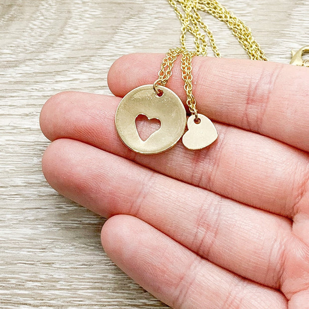 Circle with Heart Necklace Set for 2, Interlocking Heart Cut Out Necklace Set, Matching Friendship Necklaces, BFF Gift, Mother Daughter Gift