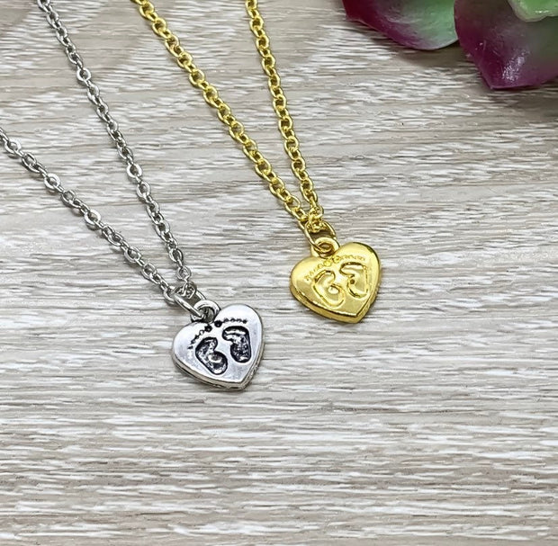 Heart with Footprints Necklace, Dainty Heart Necklace, New Mama Gift, Motherhood Necklace, Expectant Mom Gift, Baby Coming Soon