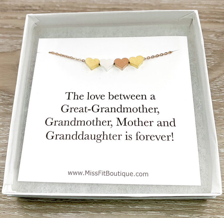 4 Hearts Necklace with Card, Four Generations, Great-Grandmother, Grandma