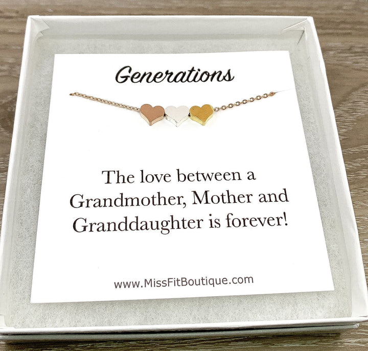 Bijou Trois Générations, Collier 3 Cœurs, Collier Cœur Délicat, Cadeau pour Maman, Collier Grand-Mère, Bijou Minimaliste, Collier Mère