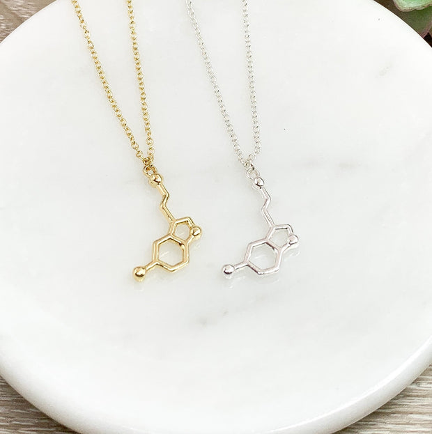 Molecular Necklace, Dopamine Necklace Gold, Serotonin Necklace Silver, Molecule Pendant, Science Jewelry, Biology Necklace, Gift for Teacher