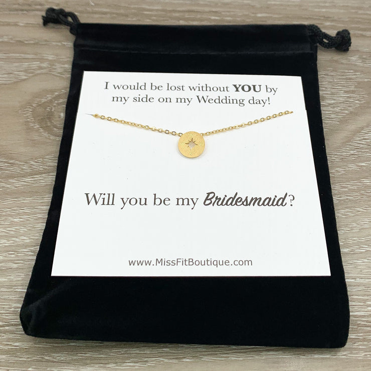 Compass Necklace, Bridesmaid Proposal Necklace with Card, Minimalist Jewelry, Maid of Honor Gift, Bridal Party Gift, Will You Be My, Wedding