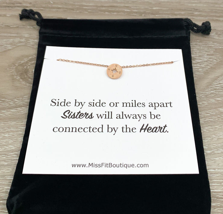 Side by Side or Miles Apart Quote, Tiny Compass Necklace, Gift from Sister, Sisterhood Jewelry, Sorority Jewelry, Sister in Law Gift