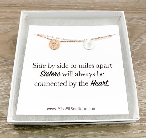 Tiny Compass Necklace Set for 2, Side by Side or Miles Apart Card, Gift from Sister, Sisterhood Jewelry, Sisters Gift, Sorority Jewelry Gift