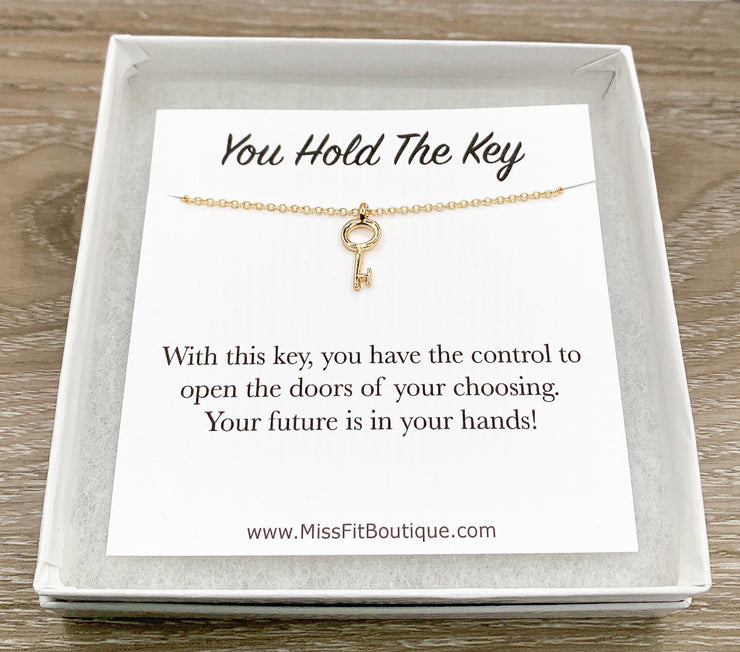 Tiny Silver Key Necklace, You Hold The Key Card, Gift for Student, Friendship Necklace, Key Shaped Pendant, Skeleton Key Charm, Student Gift