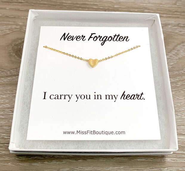 Never Forgotten Card, Dainty Heart Necklace, Condolences Gift, Loss of Parent Jewelry, Minimalist Mourning Necklace, Miscarriage