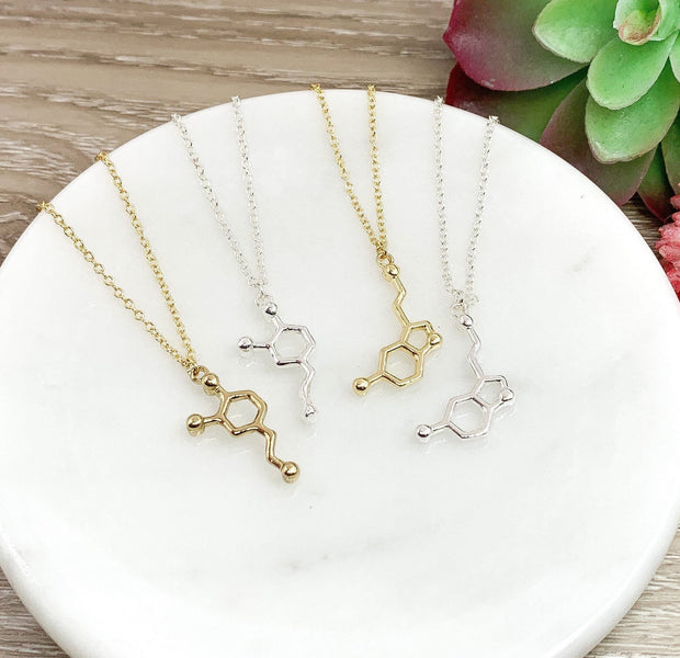 Molecular Necklace, Dopamine Necklace Gold, Serotonin Necklace Silver, Molecule Pendant, Science Jewelry, Biology Necklace, Gift for Teacher