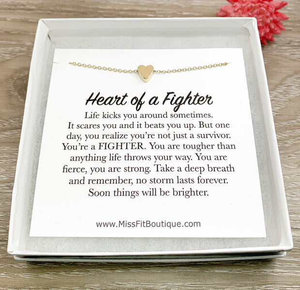 Heart of a Fighter Quote, Strength Gift, Tiny Heart Necklace, Gift for Survivor, Personalized Gift for Women, Encouragement Gift