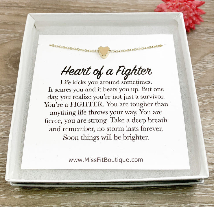 Heart of a Fighter Quote, Strength Gift, Tiny Heart Necklace, Gift for Survivor, Personalized Gift for Women, Encouragement Gift