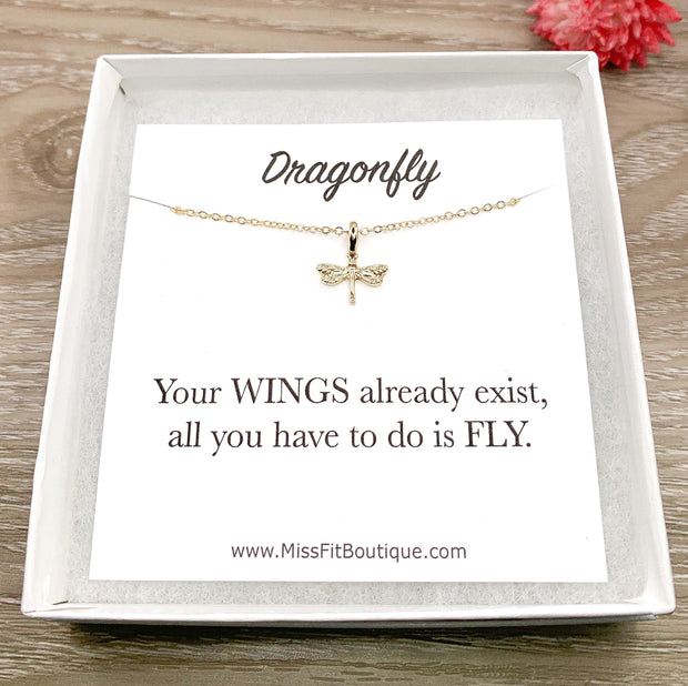 Tiny Dragonfly Necklace, Encouragement Gift, Gift for Daughter, Meaningful Necklace, Message Card Jewelry, Strength Jewelry, Student Gift