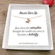 Butterfly Necklace with Quote Card, Never Give Up, Dainty Jewelry, Gift for Bonus Daughter, Gift from Mother, Encouragement Gift for Her