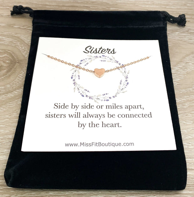 Sister Gift, Side by Side or Miles Apart, Tiny Heart Necklace, Heart Shaped Jewelry, Gift from Little Sister, Sister Birthday Gift