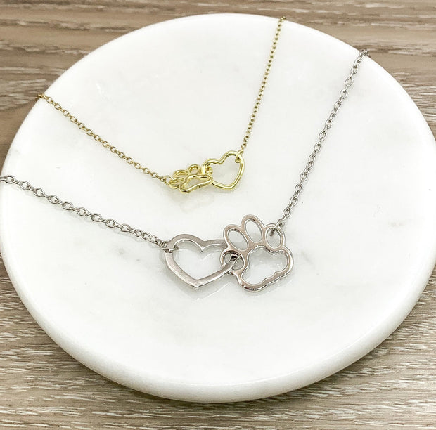 Paw Print Necklace, Interlocking Heart Pendant, Cat Lover Necklace, Gift for Cat Owner, Pet Memorial Gift, Loss of Dog Keepsake, Remembrance