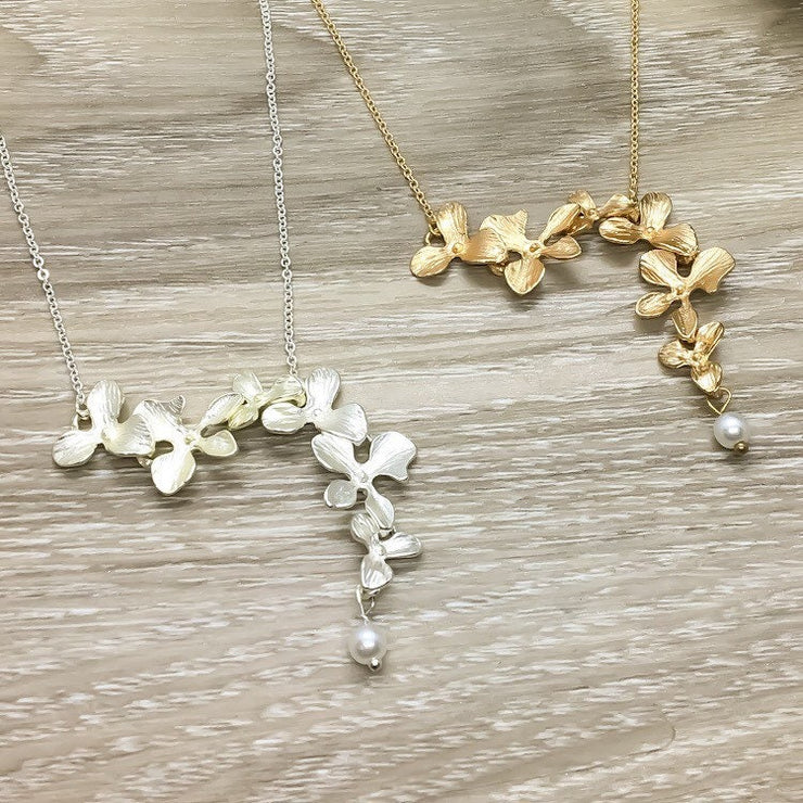 Orchid Flower Necklace, Elegant Lariat Necklace, Bridesmaid Gift, Y Style Necklace, Flower Lover Gift, Woodland Pendant, Gift for Mom