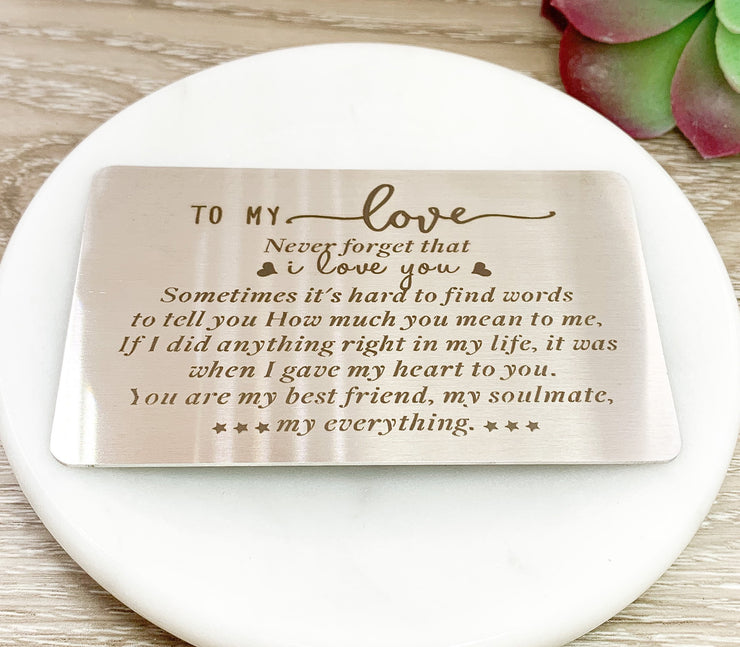 Never Forget That I Love You, Double-Sided Wallet Card, Romantic Husband Gift, Stainless Steel, Gift from Wife, Sentimental Boyfriend Gift