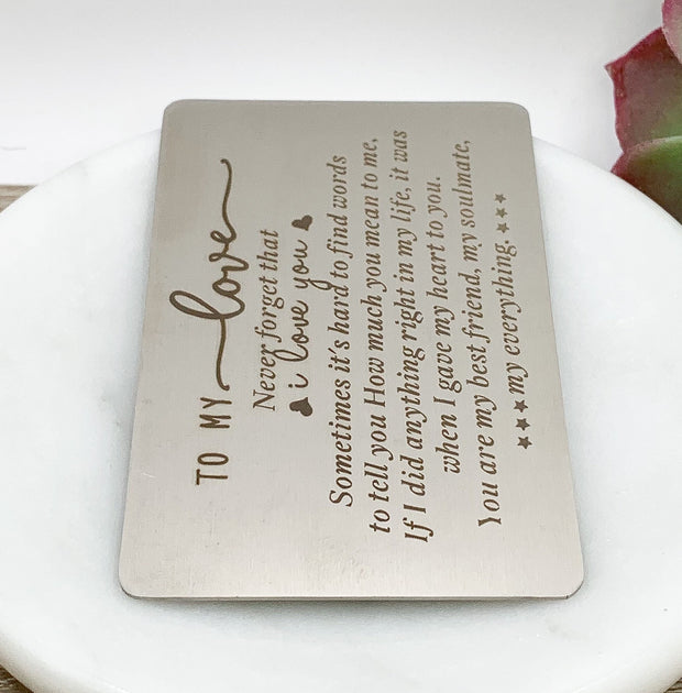 Never Forget That I Love You, Double-Sided Wallet Card, Romantic Husband Gift, Stainless Steel, Gift from Wife, Sentimental Boyfriend Gift