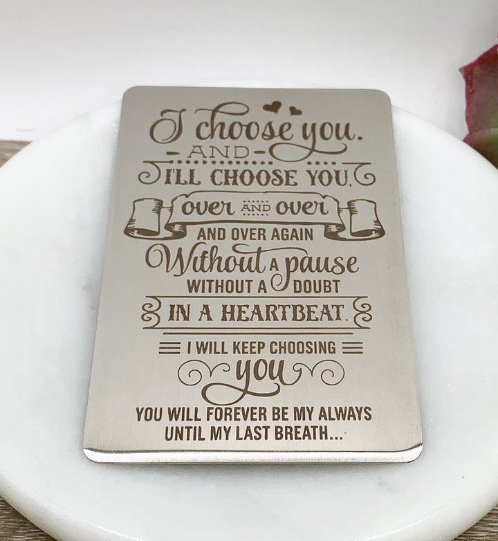 Carte romantique à glisser dans son portefeuille, citation « Je te choisis », cadeau pour fiancé(e), acier inoxydable, cadeau pour partenaire, cadeau sentimental, cadeau d'anniversaire pour lui/elle