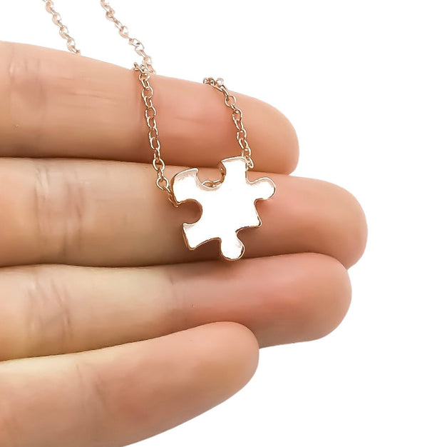 Dainty Puzzle Necklace, Rose Gold Jigsaw Puzzle Piece Pendant, Autism Jewelry, Gift for Mom with Child on Spectrum, Special Ed Teacher Gift