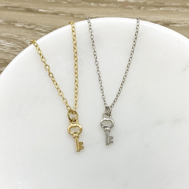 Skeleton Key Necklace, Tiny Key Pendant, Little Key Necklace Gold, Happiness is Key, Simple Reminder Jewelry Gift for Her