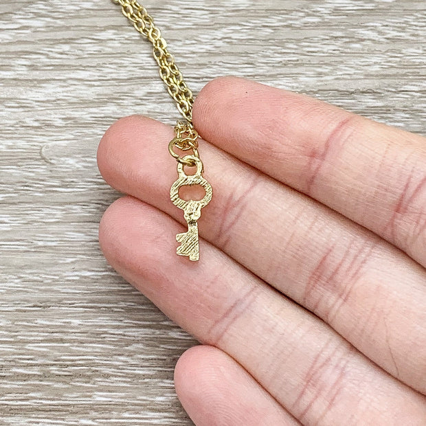 Skeleton Key Necklace, Tiny Key Pendant, Little Key Necklace Gold, Happiness is Key, Simple Reminder Jewelry Gift for Her