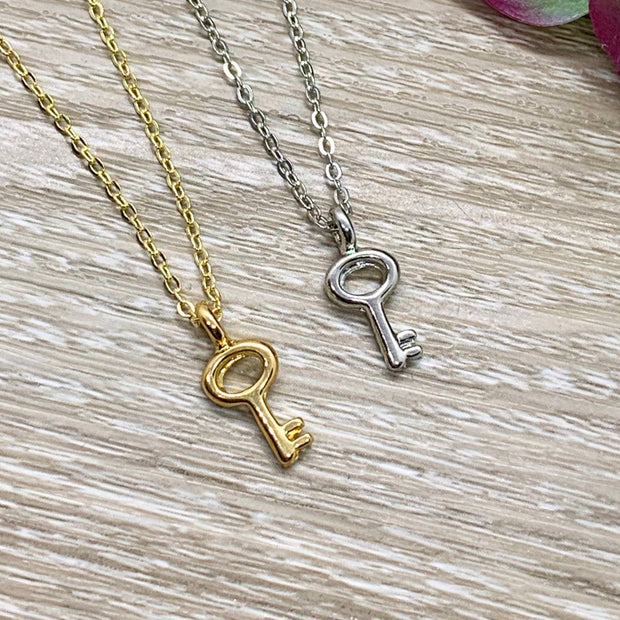 Skeleton Key Necklace, Tiny Key Pendant, Little Key Necklace Gold, Happiness is Key, Simple Reminder Jewelry Gift for Her