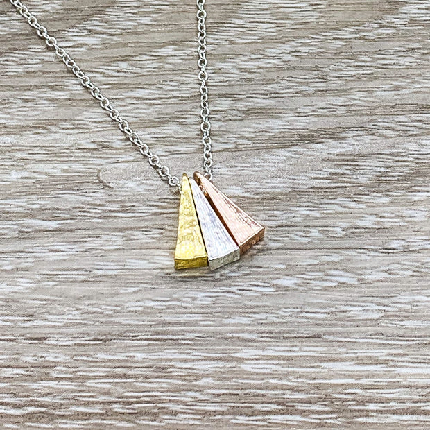 3 Triangles Necklace, Triple Triangular Pendant, Tri-Tone Geometric Necklace, Gift from Mom, Three Best Friends Gift, Dainty Necklace