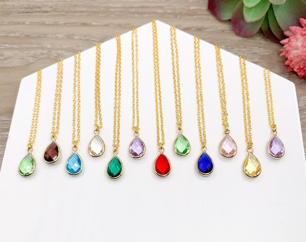 Teardrop Birthstone Necklace, Pear Shaped Rhinestone Necklace, Mother’s Day Gift, Dainty Necklace, Gift for Grandma, Christmas Gift