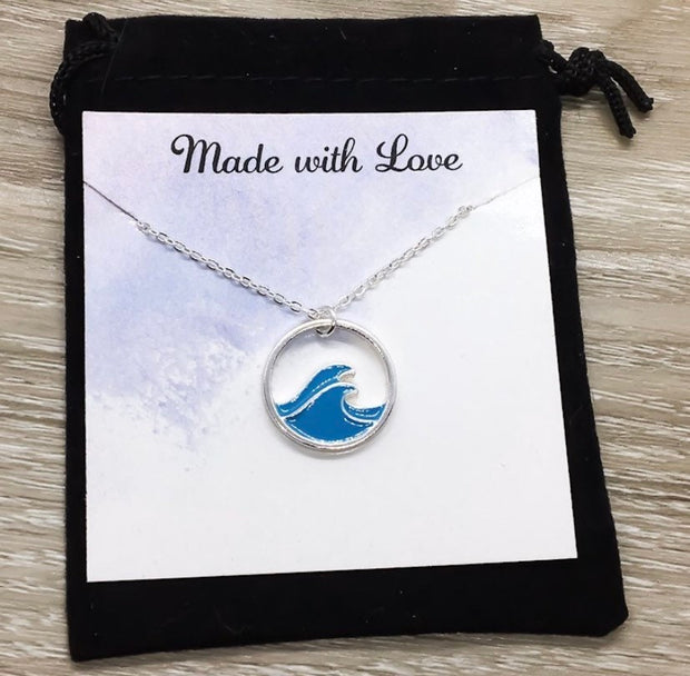 Blue Wave Necklace, Wave Pendant, Simple Wave Necklace Silver, Surfing Necklace, Surfer Jewelry, Beach Jewelry, Boho Necklace