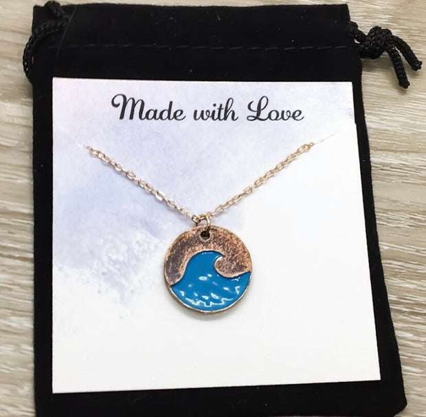 Blue Wave Necklace, Wave Pendant, Simple Wave Necklace Rose Gold, Surfing Necklace, Surfer Jewelry, Beach Jewelry, Boho Necklace