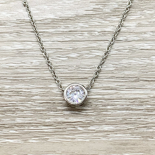 Diamond Solitaire Necklace, Round Cut Cubic Zirconia Pendant, Dainty Jewelry, Circle Bezel Necklace, Silver CZ Necklace, Bridal Jewelry