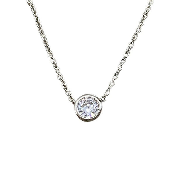 Diamond Solitaire Necklace, Round Cut Cubic Zirconia Pendant, Dainty Jewelry, Circle Bezel Necklace, Silver CZ Necklace, Bridal Jewelry