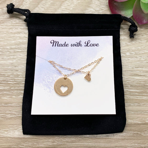 Circle with Heart Necklace Set for 2, Minimalist Heart Necklace, Matching Friendship Necklaces, Grandmother Granddaughter Jewelry Set