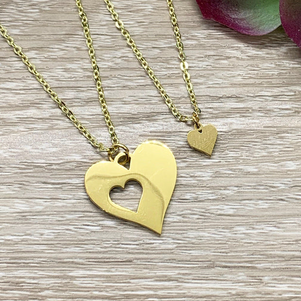 Heart with Heart Hole Necklace Set for 2, Minimalist Heart Necklace, Matching Friendship Necklaces, Grandmother Granddaughter Jewelry Set