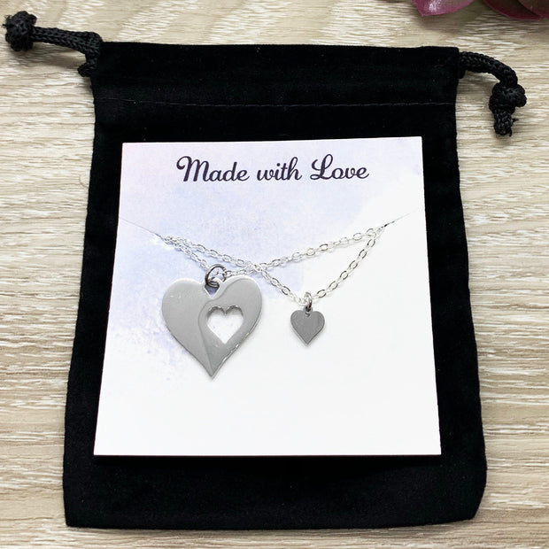 Heart with Heart Hole Necklace Set for 2, Minimalist Heart Necklace, Matching Friendship Necklaces, Grandmother Granddaughter Jewelry Set