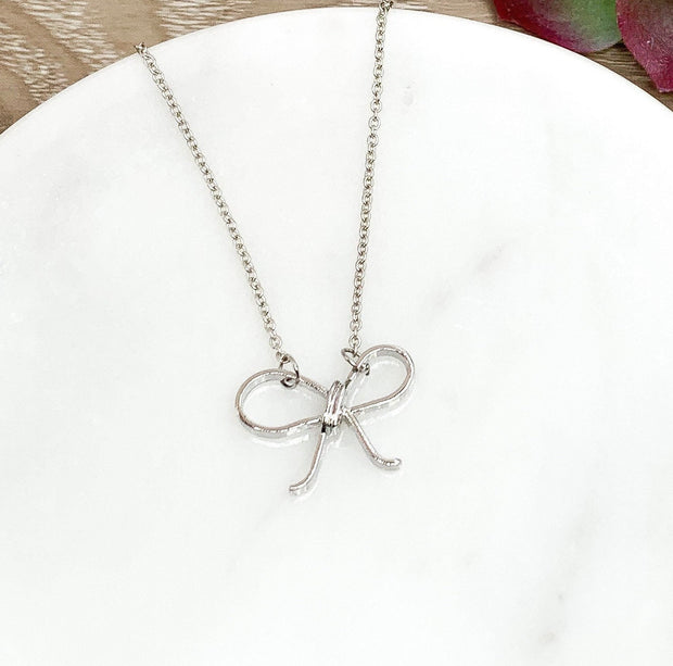 Dainty Bow Necklace, Silver Bow Pendant, Bow Tie Necklace, Tie the Knot Jewelry, Bridesmaid Gift, Wedding Jewelry, Necklace for Women