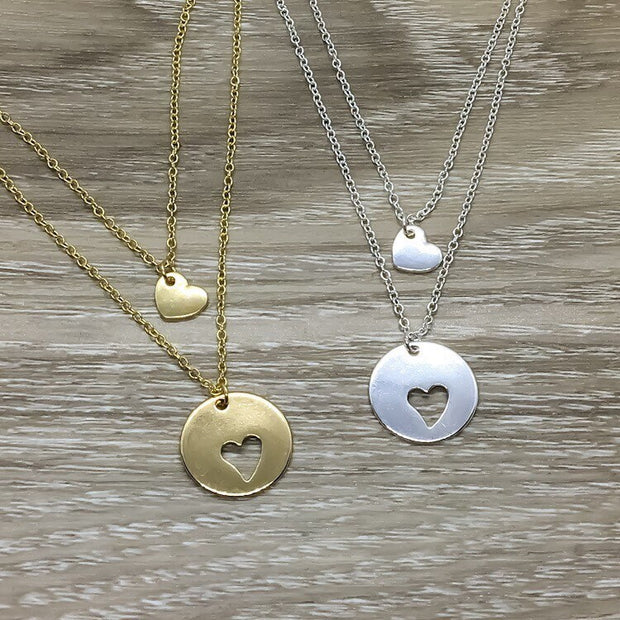 Circle with Heart Necklace Set for 2, Interlocking Heart Cut Out Necklace Set, Matching Friendship Necklaces, BFF Gift, Mother Daughter Gift