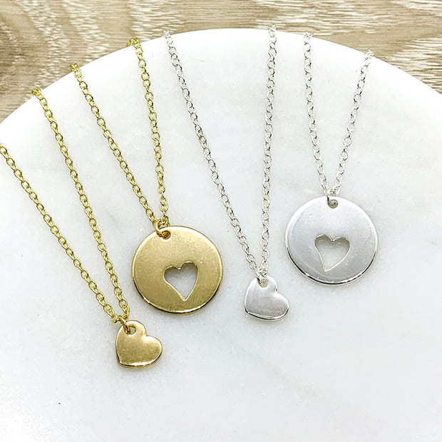 Circle with Heart Necklace Set for 2, Interlocking Heart Cut Out Necklace Set, Matching Friendship Necklaces, BFF Gift, Mother Daughter Gift