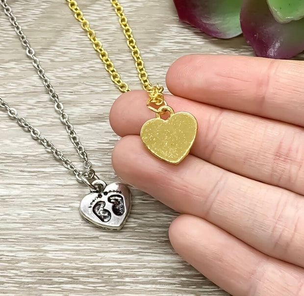 Heart with Footprints Necklace, Dainty Heart Necklace, New Mama Gift, Motherhood Necklace, Expectant Mom Gift, Baby Coming Soon