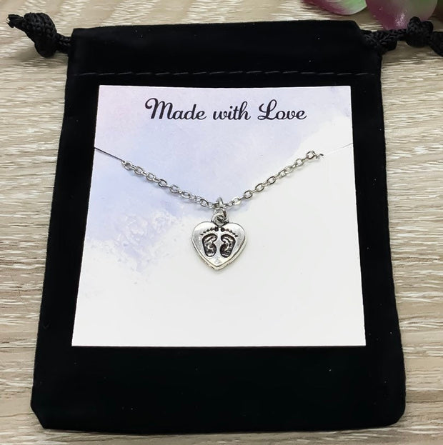 Heart with Footprints Necklace, Dainty Heart Necklace, New Mama Gift, Motherhood Necklace, Expectant Mom Gift, Baby Coming Soon