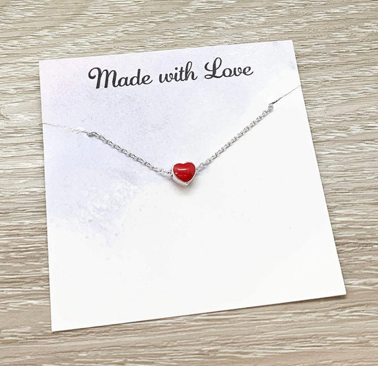 Tiny Red Heart Necklace, Heart-Shaped Pendant, Minimal Heart Necklace, Gift for Daughter, Gift for Little Sister, Birthday Gifts for Her