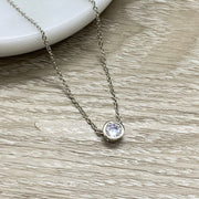 Diamond Solitaire Necklace, Round Cut Cubic Zirconia Pendant, Dainty Jewelry, Circle Bezel Necklace, Silver CZ Necklace, Bridal Jewelry