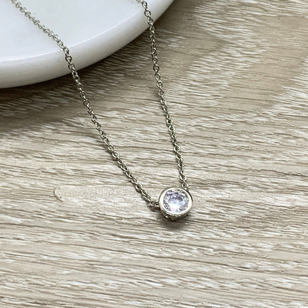 Diamond Solitaire Necklace, Round Cut Cubic Zirconia Pendant, Dainty Jewelry, Circle Bezel Necklace, Silver CZ Necklace, Bridal Jewelry