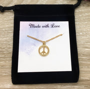 Peace Sign Necklace Gold, Lucky Charm Necklace, Peace Symbol Pendant, Hippie Necklace, Good Luck Jewelry, Christmas Gift for Friend