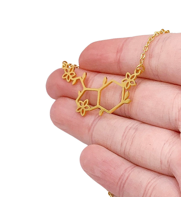 Serotonin Necklace Gold, Molecular Jewelry, Molecule Pendant, Floral Necklace, Cheer Up Gift for Her, Stocking Stuffer for Women